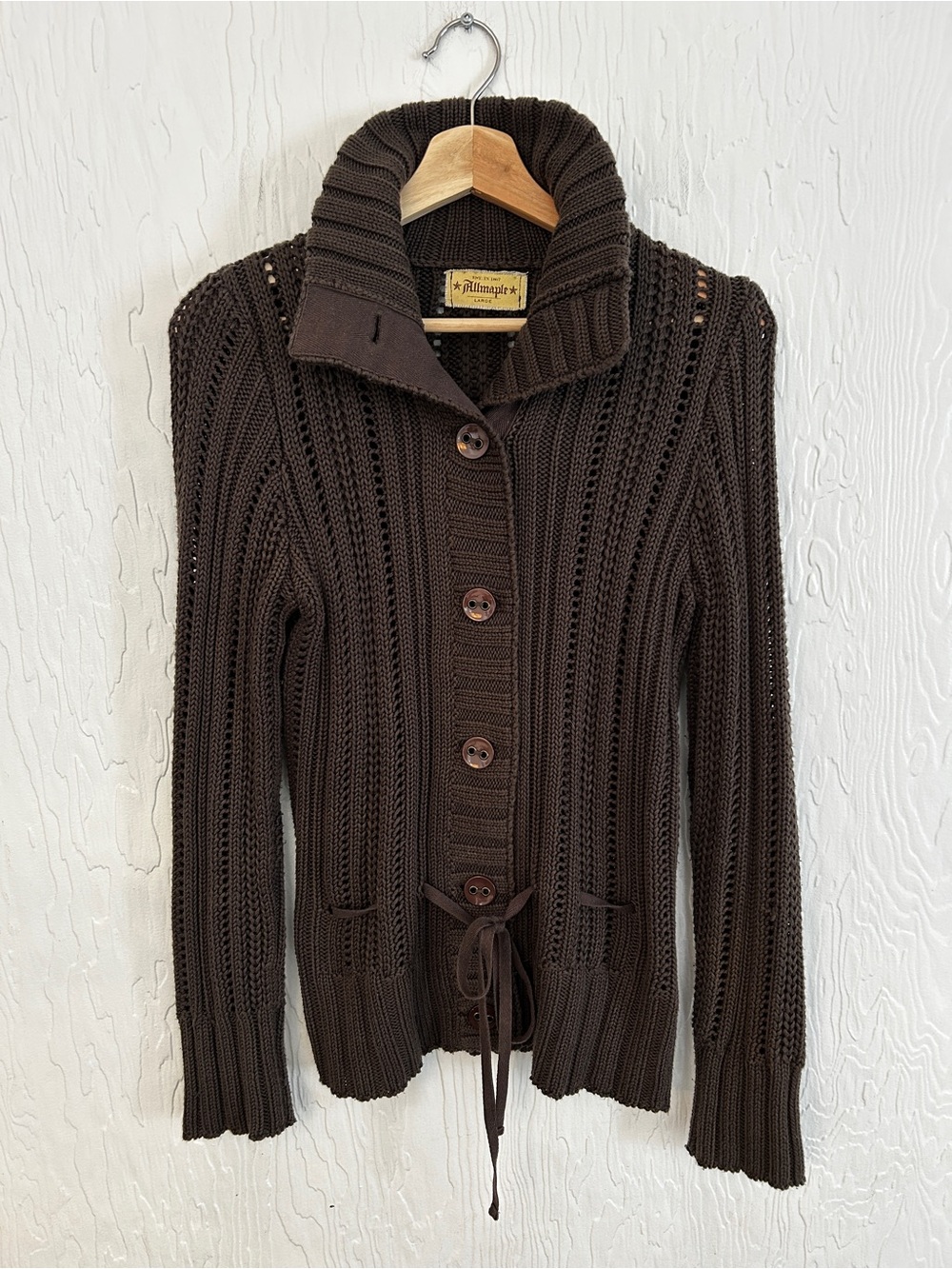 VINTAGE Y2K Knit Cardigan Brown Medium Chunky Open Knit Coquette Tie Waist